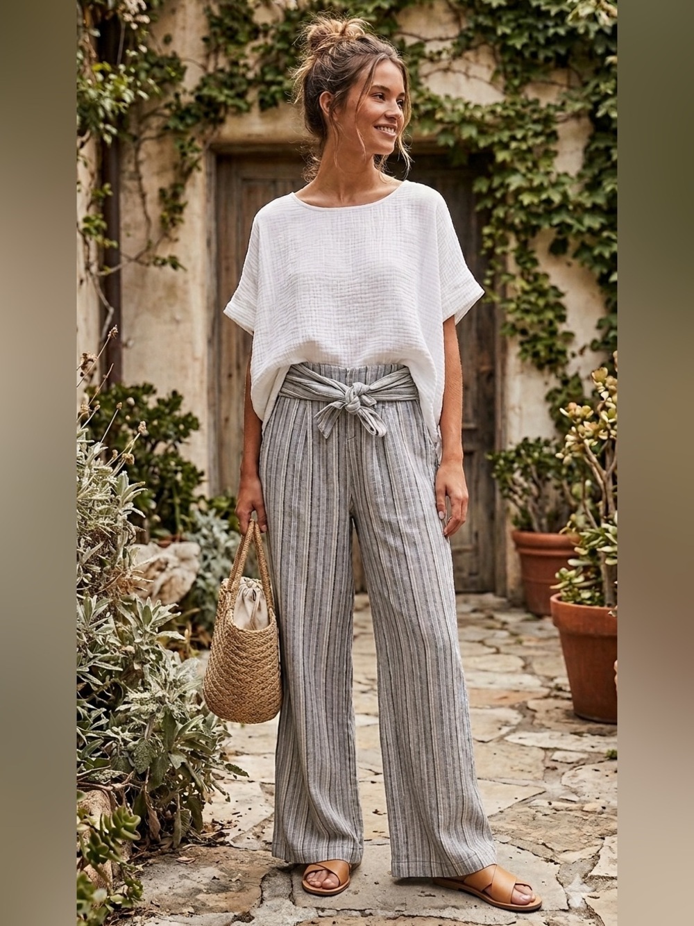 FREE PEOPLE Linen Striped Wide Leg Fold Over Pants - Picture 2 of 7